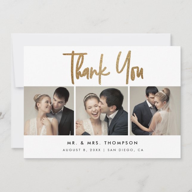 Tarjeta De Agradecimiento Personalizado moderno simple 3 fotos Bodas (Anverso)