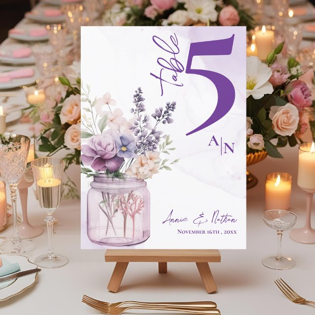 Tarjeta De Agradecimiento Personalizado Morado Floral Monograma Boda Número  (Monogram Purple Floral Frame Wedding Table Number)