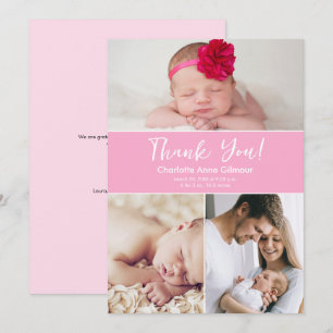 Tarjeta De Agradecimiento Personalizado Múltiples Fotos Bebé Rosa Suave Duch