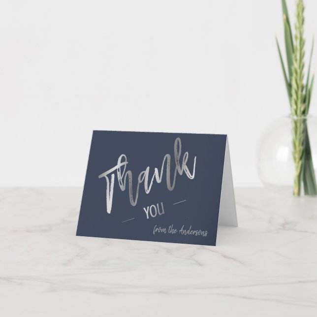 Tarjeta De Agradecimiento Personalizado Navy Blue Simple Script Silver Graci (Anverso)