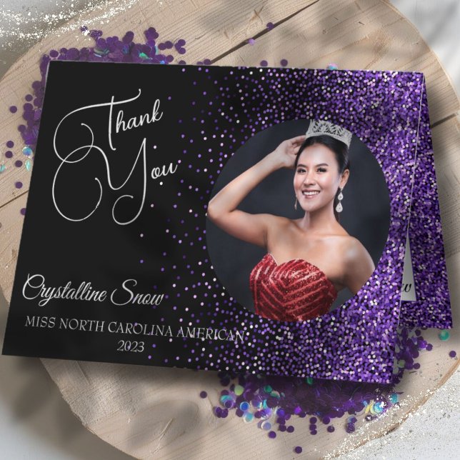 Tarjeta De Agradecimiento Personalizado Pageant Gracias Cartas | Purpurina m (Show off your sparkle and gratitude with custom purple glitz custom photo pageant thank you cards)