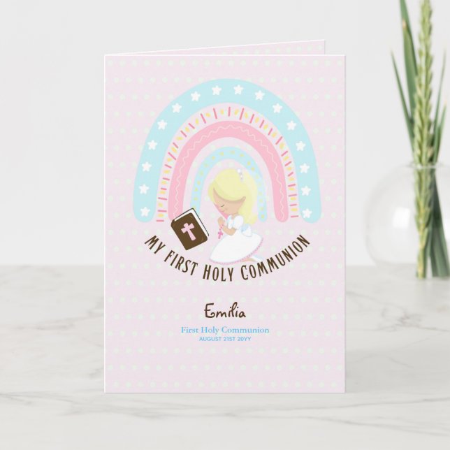 Tarjeta De Agradecimiento Personalizado Primero Comunión Santa Cute Blonde C (Anverso)