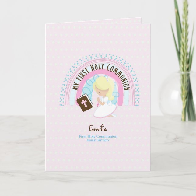 Tarjeta De Agradecimiento Personalizado Primero Comunión Santa Cute Blonde C (Anverso)