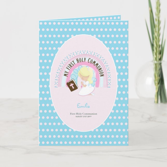 Tarjeta De Agradecimiento Personalizado Primero Comunión Santa Cute Blonde C (Anverso)