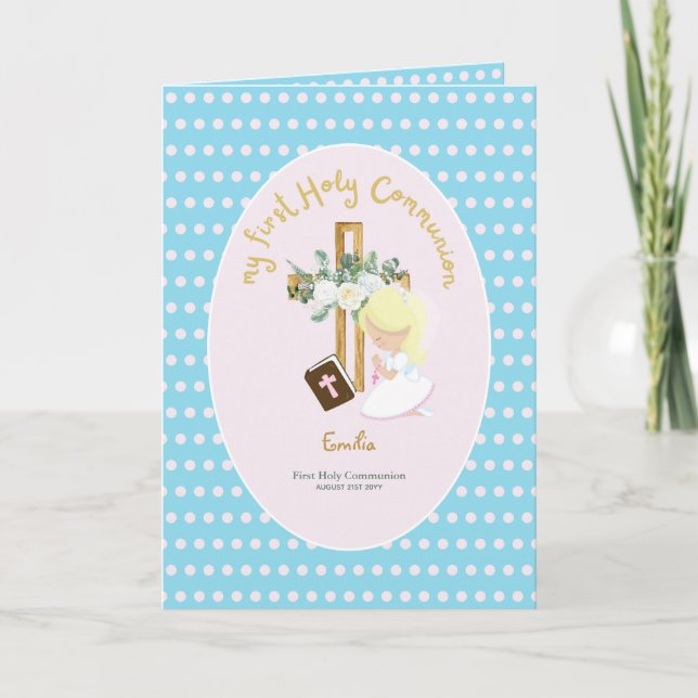 Tarjeta De Agradecimiento Personalizado Primero Comunión Santa Cute Blonde C (Anverso)