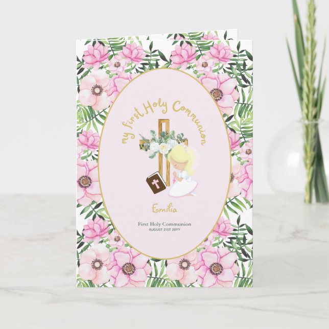Tarjeta De Agradecimiento Personalizado Primero Comunión Santa Cute Blonde C (Anverso)
