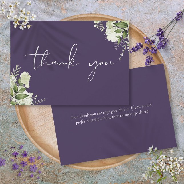 Tarjeta De Agradecimiento Personalizado Purple Greenery Elegant Script (Custom Purple Greenery Elegant Script Thank You Card)