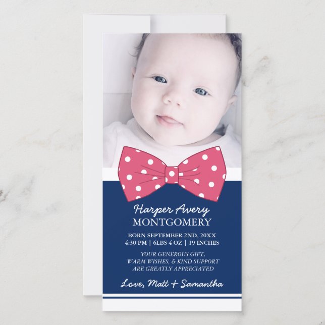 Tarjeta De Agradecimiento Personalizado Rosa Bow Foto Baby Shower Gracias (Anverso)