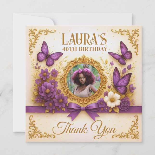 Tarjeta De Agradecimiento Personalizado Royal Gold Purple Butterfly Cumpleañ (Anverso)