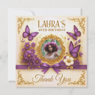 Tarjeta De Agradecimiento Personalizado Royal Gold Purple Butterfly Cumpleañ