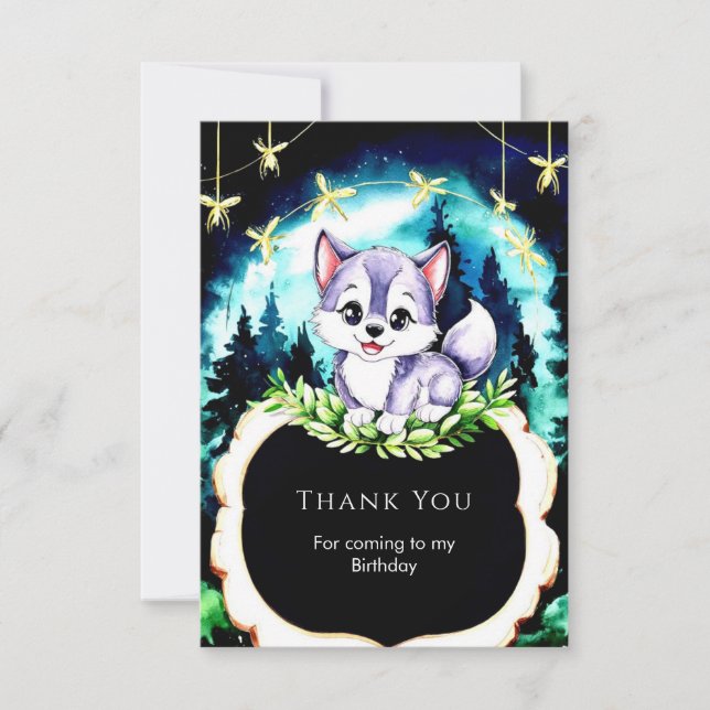 Tarjeta De Agradecimiento Personalizado Watercolor Wolf Cumpleaños (Anverso)