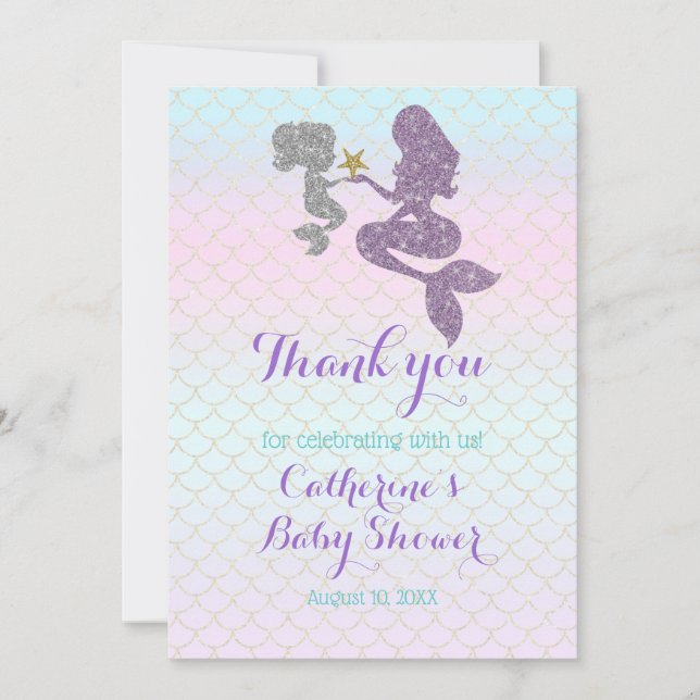 Tarjeta De Agradecimiento Personalizar Mermaid Baby Shower Sparkle Purple Ve (Anverso)