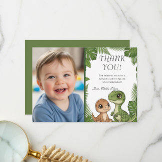 Tarjeta De Agradecimiento Personalized Dino 1st Birthday Photo Thank You Car