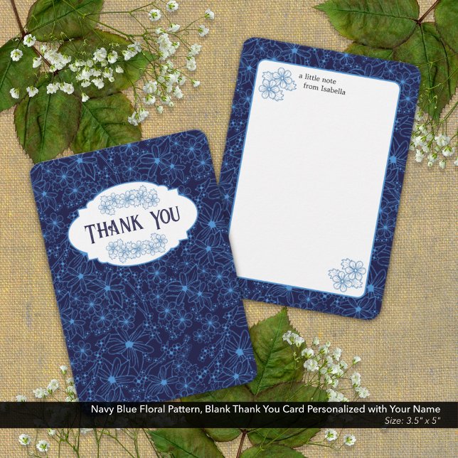Tarjeta De Agradecimiento Personalized Name Navy Blue Floral Pattern, Blank (Navy Blue Floral Pattern, Blank Thank You Card Personalized with Your Name )