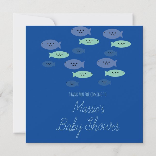Tarjeta De Agradecimiento Pescado Natación Acuario Azul Baby Shower Gracias (Anverso)