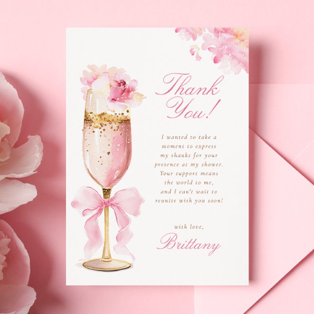 Tarjeta De Agradecimiento Pétalos de vaca rosada Ducha de novia Prosecco (Subido por el creador)