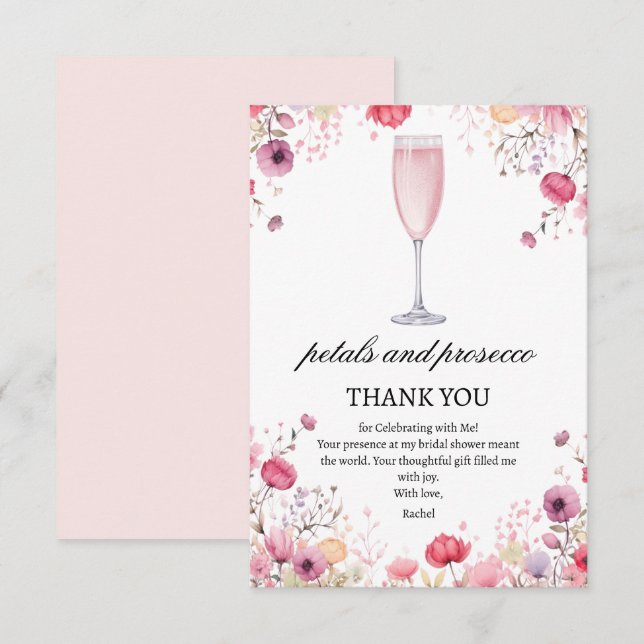 Tarjeta De Agradecimiento Pétalos rosados y ducha de novias Prosecco (Anverso / Reverso)