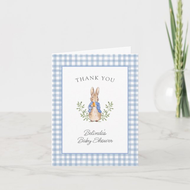 Tarjeta De Agradecimiento Peter Rabbit Blue Gingham Baby Shower (Anverso)