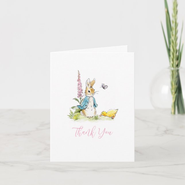 Tarjeta De Agradecimiento Peter Rabbit Chica Bebé ducha plegada Gracias (Anverso)