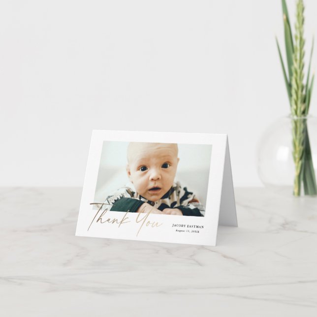 Tarjeta De Agradecimiento Petite elegant Gold Script Baby Photo (Anverso)