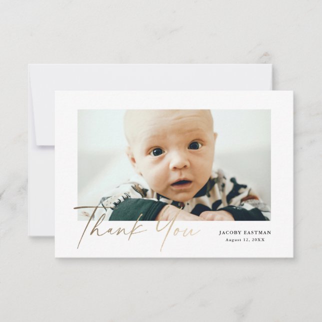 Tarjeta De Agradecimiento Petite elegant Gold Script Baby Photo (Anverso)