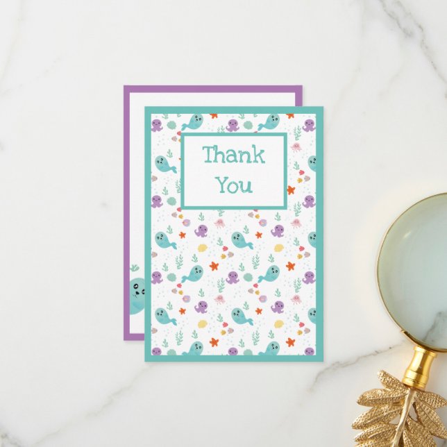 Tarjeta De Agradecimiento Pez Cute Pulpo Verde Menta Niño Niña (Anverso/Reverso In Situ)