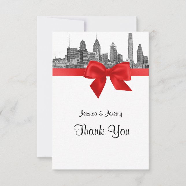 Tarjeta De Agradecimiento Philadelphia Skyline Etch BW Red Gracias (Anverso)