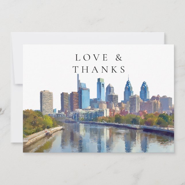 Tarjeta De Agradecimiento Philadelphia Watercolor Wedding Photo (Anverso)