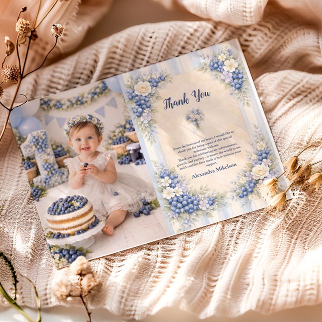 Tarjeta De Agradecimiento Photo Berry First Blue Garden Party 1st Birthday (Subido por el creador)