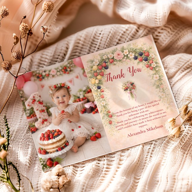 Tarjeta De Agradecimiento Photo Berry First Garden 1st Birthday (Subido por el creador)