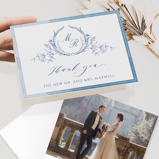 Tarjeta De Agradecimiento Photo, Blue Classic Monogram, Wedding Watercolor (Subido por el creador)