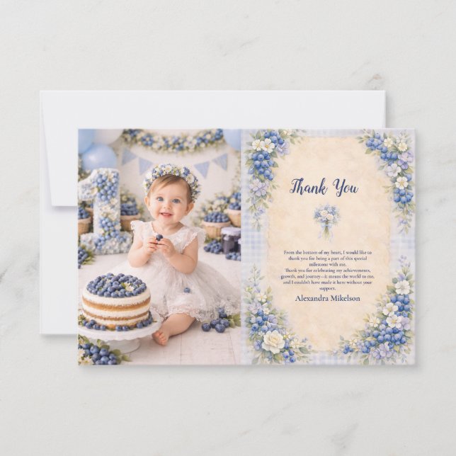 Tarjeta De Agradecimiento Photo Blueberry Floral Storybook 1st Birthday (Anverso)