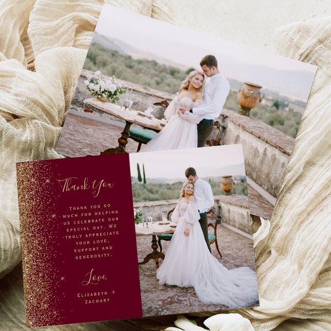 Tarjeta De Agradecimiento Photo Burgundy Red Gold Glitter Script Wedding (Subido por el creador)