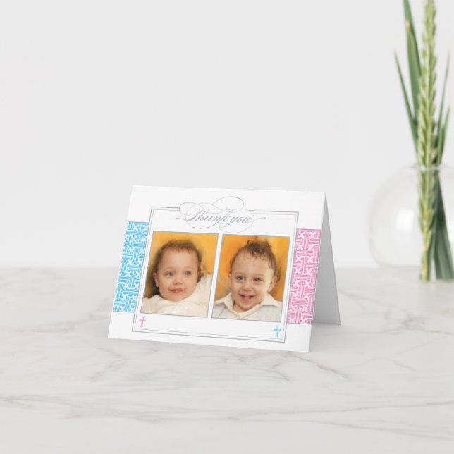 Tarjeta De Agradecimiento Photo Christening Thank You Card  |  Twins (Anverso)