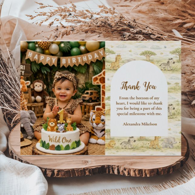 Tarjeta De Agradecimiento Photo Cute Neutral Safari Animals First Birthday (Subido por el creador)