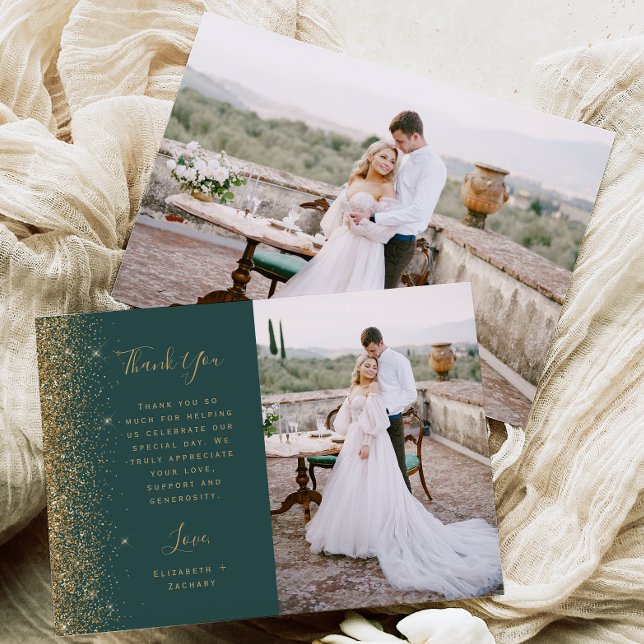 Tarjeta De Agradecimiento Photo Dark Green Gold Glitter Script Wedding (Subido por el creador)