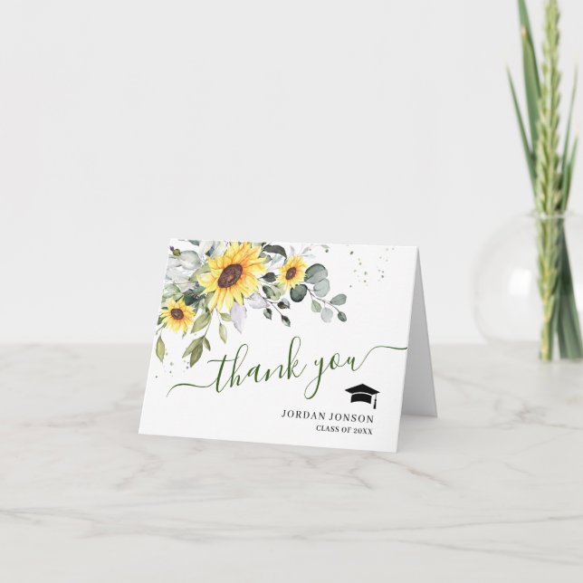 Tarjeta De Agradecimiento PHOTO Elegant Sunflowers Eucalyptus Graduation (Anverso)