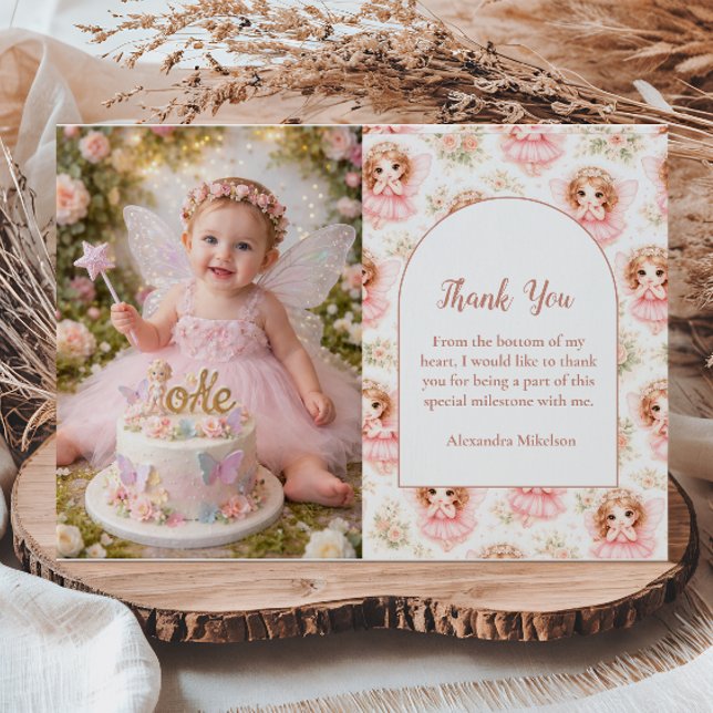 Tarjeta De Agradecimiento Photo Fairy 1st Birthday Pink Garden (Subido por el creador)