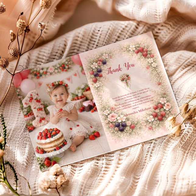 Tarjeta De Agradecimiento Photo Little Berry Celebration 1st Birthday (Subido por el creador)