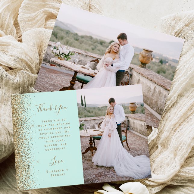 Tarjeta De Agradecimiento Photo Mint Green Gold Glitter Script Wedding (Subido por el creador)