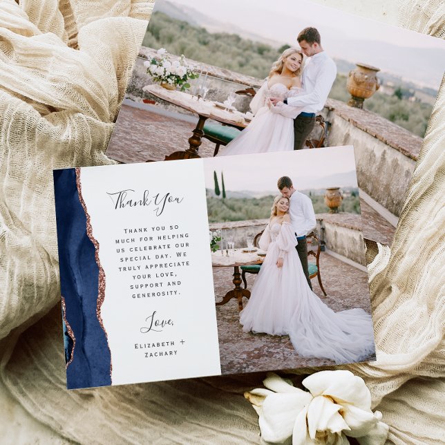 Tarjeta De Agradecimiento Photo Navy Blue Rose Gold Agate Script Wedding (Subido por el creador)
