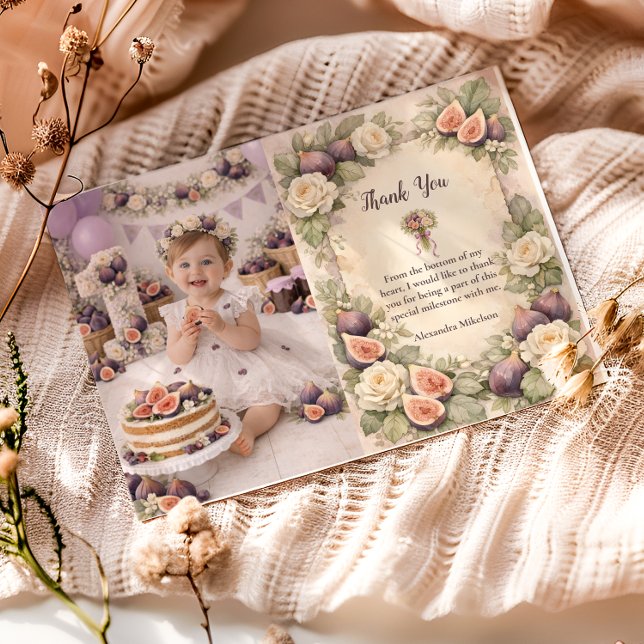 Tarjeta De Agradecimiento Photo Neutral Fig Floral 1st Birthday (Subido por el creador)