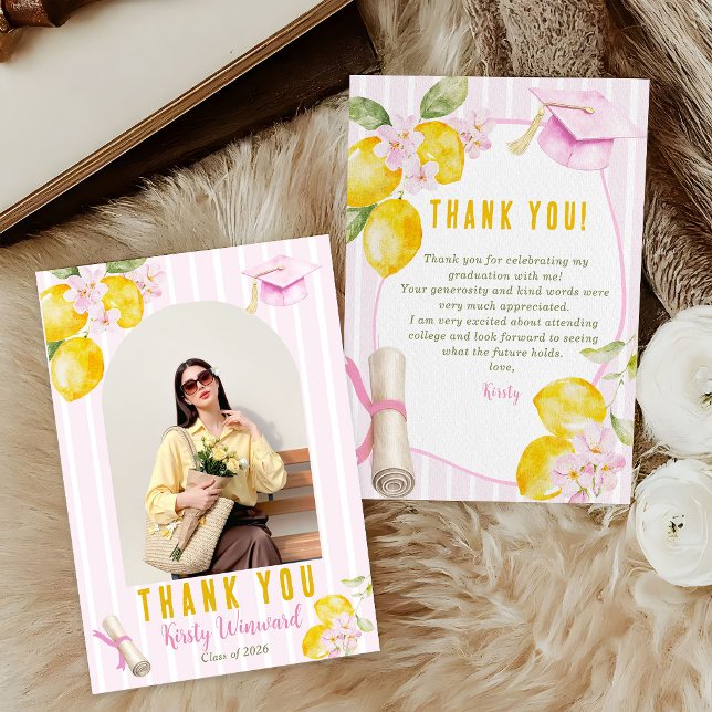 Tarjeta De Agradecimiento Photo Pink Stripes Lemons and Flowers Graduation (Subido por el creador)