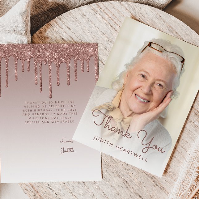 Tarjeta De Agradecimiento Photo Rose Gold Glitter Drip 80th Birthday (Subido por el creador)