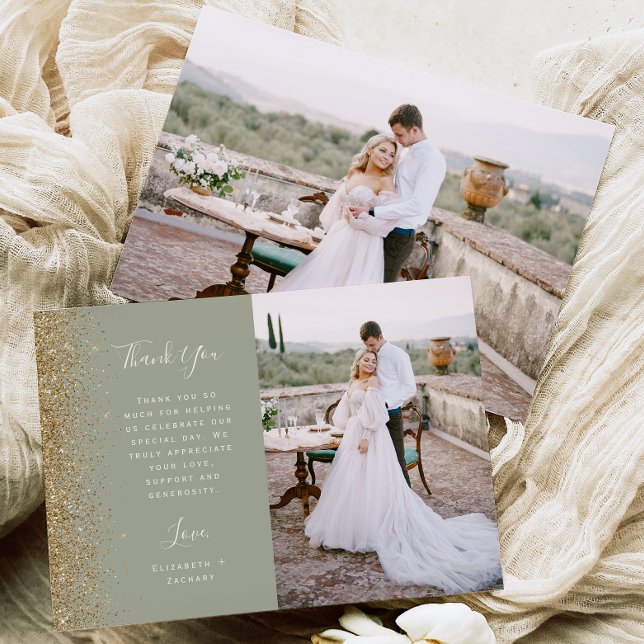 Tarjeta De Agradecimiento Photo Sage Green Gold Glitter Script Wedding (Subido por el creador)