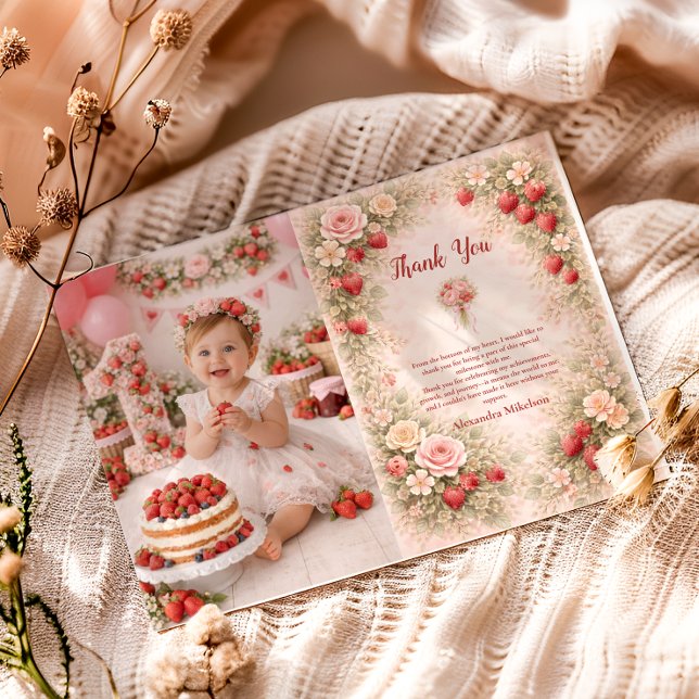 Tarjeta De Agradecimiento Photo Strawberry Garden Floral 1st Birthday (Subido por el creador)