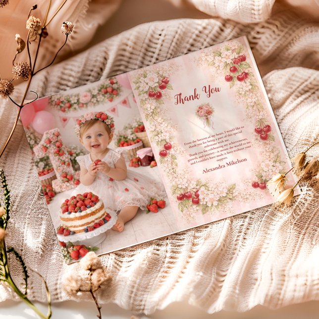 Tarjeta De Agradecimiento Photo Sweet Cherry Floral First Birthday 1st Birth (Subido por el creador)