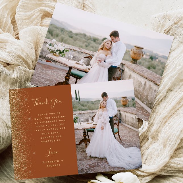 Tarjeta De Agradecimiento Photo Terracotta Gold Glitter Script Wedding (Subido por el creador)