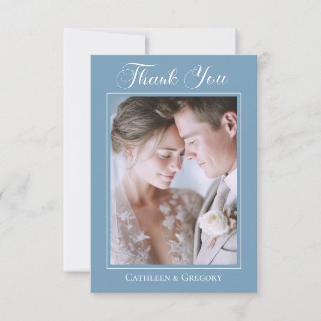 Tarjeta De Agradecimiento Photo Upload Dusty Blue Floral Wedding Calligraphy (Anverso)