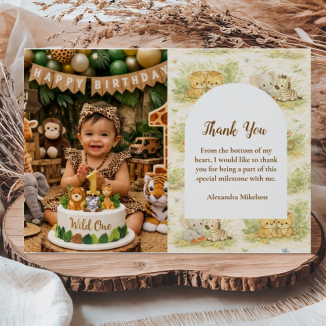 Tarjeta De Agradecimiento Photo Watercolor Safari Animals First Birthday (Subido por el creador)